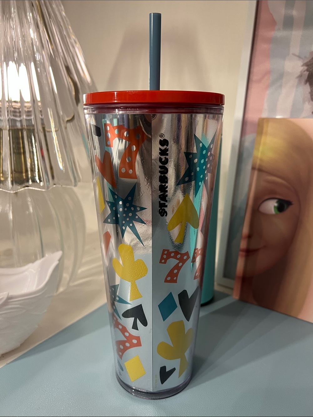 Starbucks Silver Tumbler with Red Lid and Blue Straw, Multicolor Las Vegas